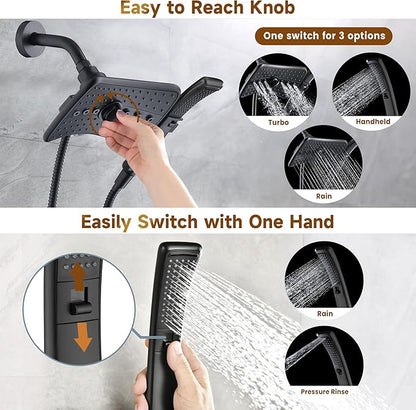 BRIGHT SHOWERS High Pressure Dual Shower Head Combo with Rainfall & Handheld, 4 Spray Settings, Tool-Free Installation, 60" Stainless Steel Hose, Matte Black