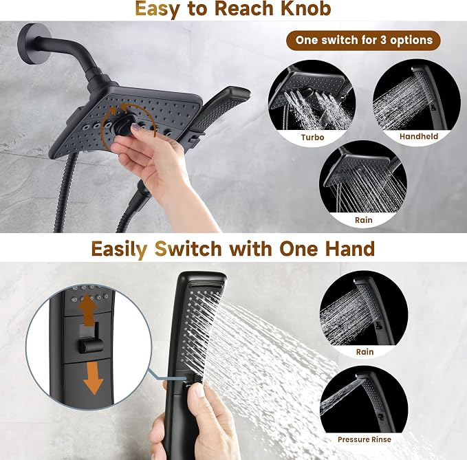 BRIGHT SHOWERS High Pressure Dual Shower Head Combo with Rainfall & Handheld, 4 Spray Settings, Tool-Free Installation, 60" Stainless Steel Hose, Matte Black