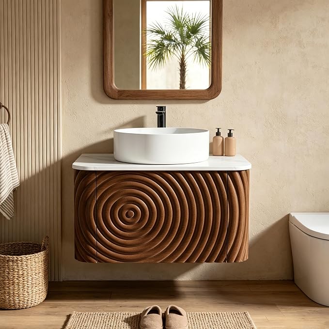 24" Floating Bathroom Vanity with Sink, Mid-Century Wall Mounted Bathroom Vanity Cabinet with Waved Decor, Ceramic Vessel Basin, Sintered Stone Top, Soft Close Storage Drawer, Walnut