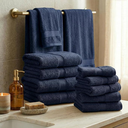 SUPERIOR Egyptian Cotton Ultra Plush & Absorbent, 12 Piece Set, Navy Blue | Heavyweight 12 Pc Egyptian Cotton Towel Set Includes 4 Bath Towels 4 Hand Towels 4 Washcloths Decorative Rope Border