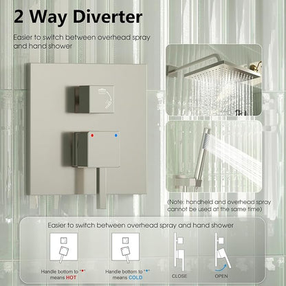 Esnbia Shower System, Shower Faucet Set with Shower Valve, 10 Inches Shower Heads with Handheld Spray Combo, Wall Mounted Shower Fixtures, High Pressure Shower Hardware Set, Brushed Nickel