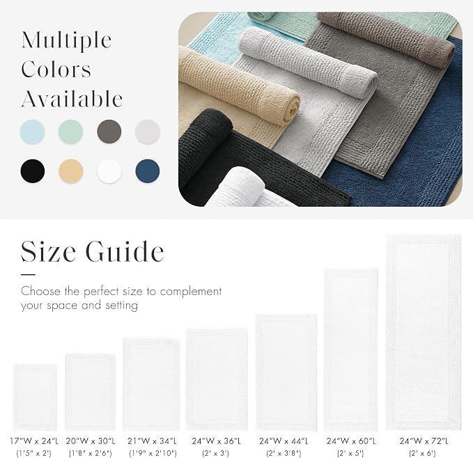 Madison Park Splendor Reversible 100% Cotton Bath Rug, 24 x 44, White | Tufted Bathroom Mat, 3000 GSM, Hotel Quality, Luxurious Plush, Medium Pile, Absorbent, Quick Dry, OEKO-TEX, Shower Room Décor
