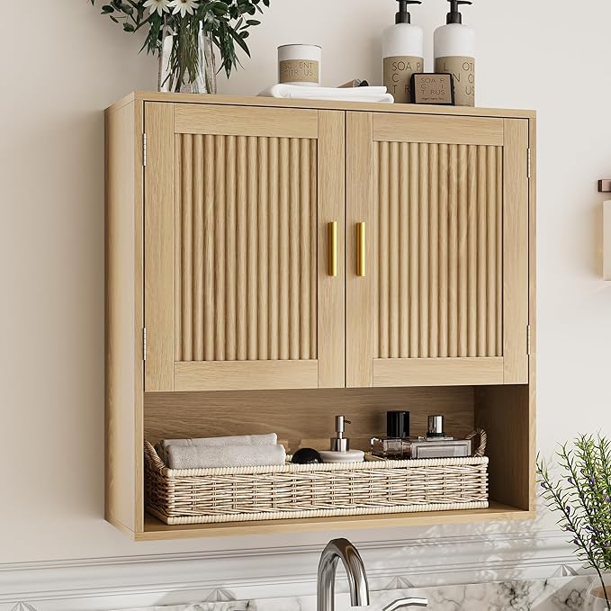 Fluted Bathroom Cabinet, Bathroom Wall Cabinet with Adjustable Shelves, Wooden Wall Storage Cabinet for Bathroom, Kitchen, Living Room, Bedroom