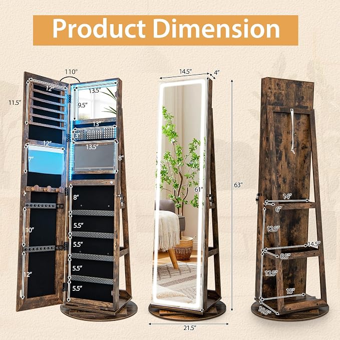 GOFLAME 360° Swivel Jewelry Cabinet Armoire with Full Length Mirror, Standing Jewelry Storage Organizer with Rear Storage Shelves, 3-Color LED Lights, Foldable Shelf, Interior Mirror, Rustic Brown