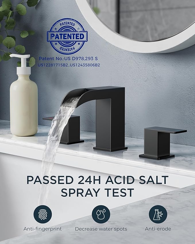 FORIOUS Matte Black Bathroom Faucets 3 Hole, 8 Inch Widespread Square Waterfall Bathroom Sink Faucet with Metal Pop-up Drain and cUPC Supply Lines, Two Handles for Vanity, Restroom, Commercial