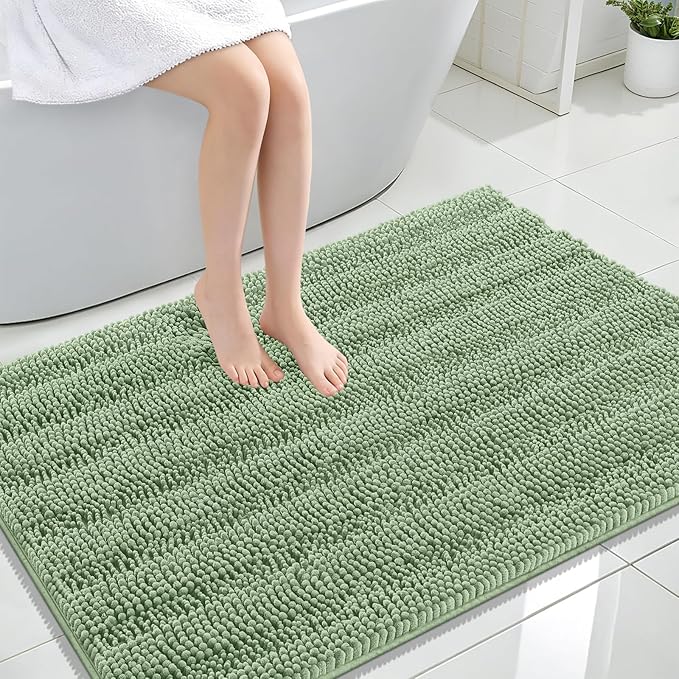 OLANLY Thick Large Bathroom Rugs 44x32, Chenille Bath Rugs, Sage Green | Absorbent Striped, Rubber Backing, Machine Wash Dry, Bath Mats for Bathroom Floor, Tub and Shower, Home Decor Accessories