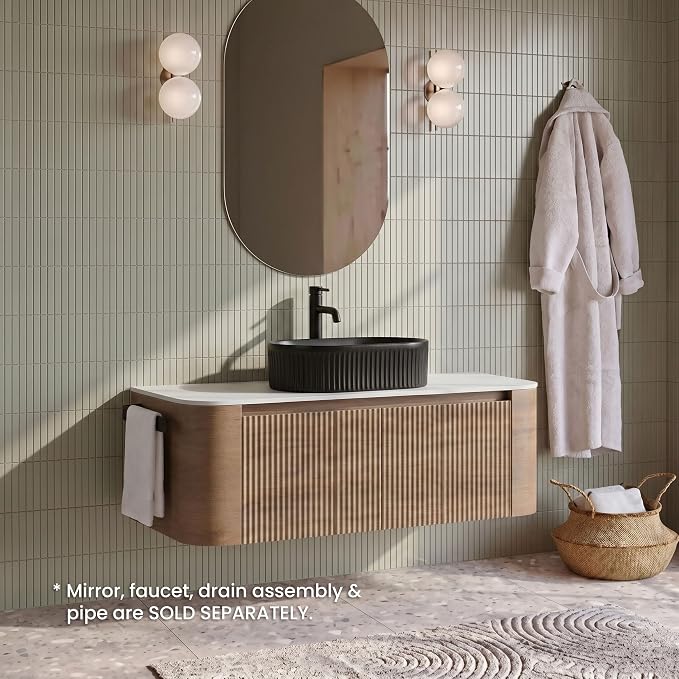 48" Preassembled Floating Bathroom Vanity with Black Sink, Oak | Mid-Century Modern Style, Fluted & Soft-Close Drawer with U-shaped Wall, Sinterted Stone Countertop, Towel Rack Included