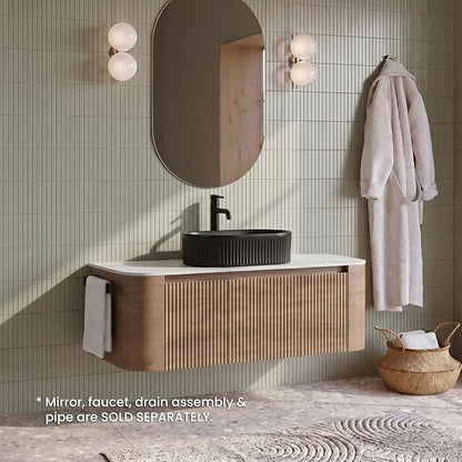 48" Preassembled Floating Bathroom Vanity with Black Sink, Oak | Mid-Century Modern Style, Fluted & Soft-Close Drawer with U-shaped Wall, Sinterted Stone Countertop, Towel Rack Included