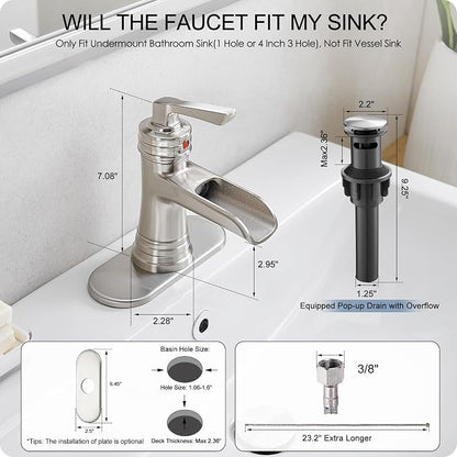 Brass Brushed Nickel Bathroom Faucet 3 Hole 4 Inch Waterfall Bathroom Faucet Single Hole, 1 Handle with Pop-up Drain, Deck Plate, cUPC Supply Pipes for Vanity, Restroom, 5 Mins Quick Install