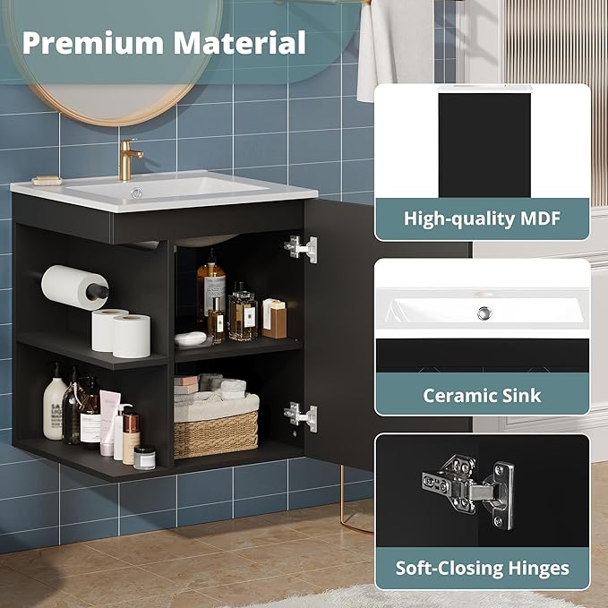 Merax Herringbone Single Sink Bathroom Vanity, Floating 20" Modern Bathroom Vanity Cabinet with Side Storage, Toilet Paper Holder, Solid Wood Cleat Wall Mount