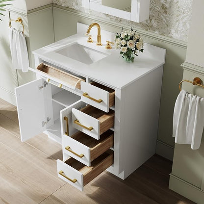 36-Inch Bathroom Vanity with Sink W/ 2 Doors & 4 Drawers & 1 Flip Drawer, White Vanity W/Brushed Gold Handles