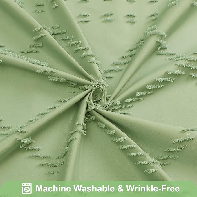 Sage Boho Woven Fabric Shower Curtain with Tassel 72 x 72, Tufted Textured | Modern Farmhouse Curtain for Bathroom, Standard Bathroom Curtain, Minimalist Decor, Waterproof