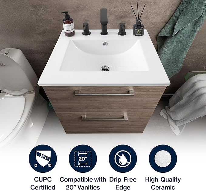 JONATHAN Y SNK1000A Ancillary 3-Hole 20 in. W x 18.25 in. D Classic Contemporary Rectangular Ceramic Single Sink Basin Vanity Top, White