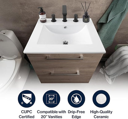 JONATHAN Y SNK1000A Ancillary 3-Hole 20 in. W x 18.25 in. D Classic Contemporary Rectangular Ceramic Single Sink Basin Vanity Top, White