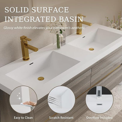 Abruzzo 60" Ash Grey Wall-Mounted Bathroom Vanity with Double Sink – Stone Resin Countertop & Soft-Close Drawers, Waterproof Wood Cabinet for Small Bathrooms