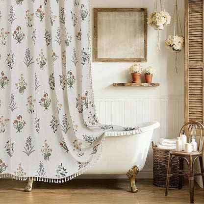 ORTIGIA Linen Textured Shower Curtain with Tassels,Vintage Floral Boho Cottagecore Waterproof Bath Curtain Metal Hooks for Rustic Farmhouse Bathroom Decor 72x72 Inch