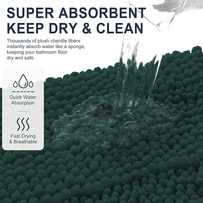 Smiry Thick Small Chenille Bathroom Rugs 24x16, Bath Mat, Blackish Green | Quick‑Dry & Machine Washable, Non‑Slip Bath Carpet, Soft Striped Bath Rugs for Tub & Shower, Modern Home Decor Accessories