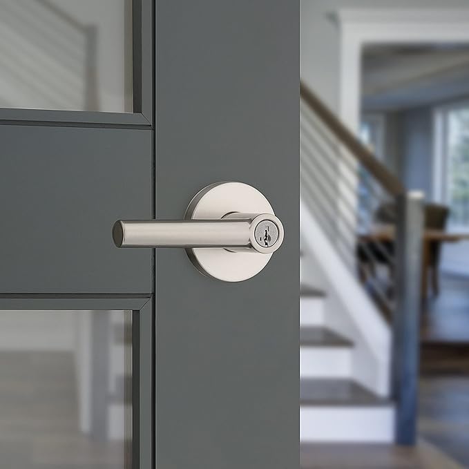 Kwikset Milan Entry Door Handle with Lock and Key, Secure Keyed Reversible Lever Exterior, Doorlock, For Front Entrance and Bedrooms, Satin Nickel, Pick Resistant Smartkey Rekey Security