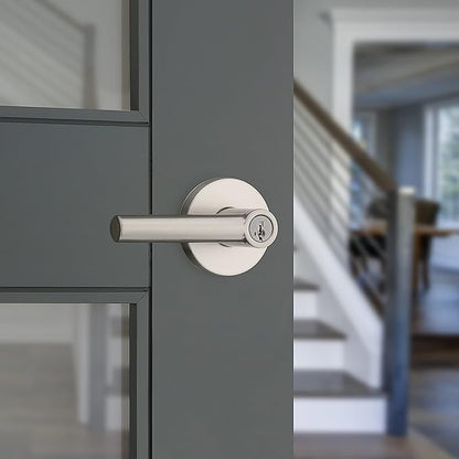 Kwikset Milan Entry Door Handle with Lock and Key, Secure Keyed Reversible Lever Exterior, Doorlock, For Front Entrance and Bedrooms, Satin Nickel, Pick Resistant Smartkey Rekey Security