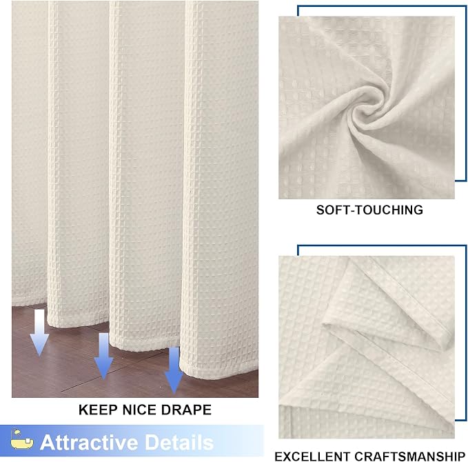 Extra Long Shower Curtain Set- 96 Inch Long Waffle Weave Heavy Duty Fabric Shower Curtains for Bathroom, Luxury Heavy Duty Thick Cloth Shower Curtain with 12 Plastic Hooks, 72x96, Cream