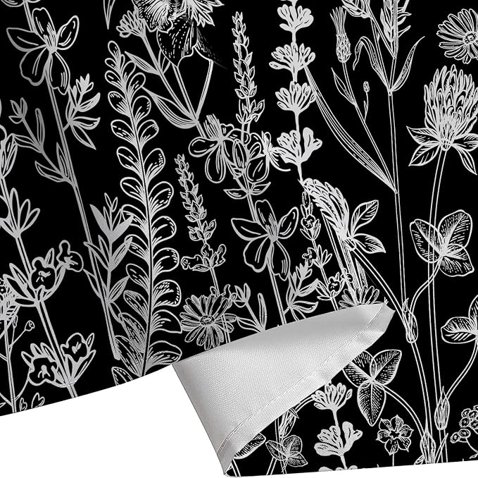 Vintage Black and White Boho Shower Curtain, Black and White Dark Floral Aesthetic Dark Wildflower Botanical Flowers Shower Curtain for Bathroom with Hook,Farmhouse Plant Art Chic Shower Curtain 60X72