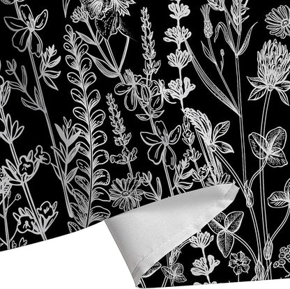 Vintage Black and White Boho Shower Curtain, Black and White Dark Floral Aesthetic Dark Wildflower Botanical Flowers Shower Curtain for Bathroom with Hook,Farmhouse Plant Art Chic Shower Curtain 72X72