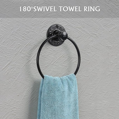 Bathroom Hardware Fixture Set Industrial Towel Bar Sets with Paper Towel Rack Wall Mount Hand Towel Holder Roll Ring Toilet Paper Holder and Pipe Robe Towel Holder Hanger for Farmhouse Home, 7 Pieces