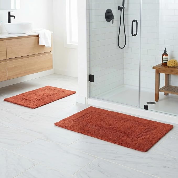 Bathroom Rugs - 2 - Piece Cotton Bathroom Mat Set - Machine Washable Bath Mats for Washroom, Kitchen, or Laundry Room by Lavish Home (Brick)