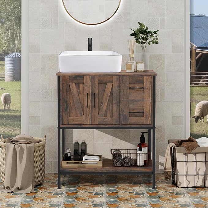 YOURLITE Bathroom Vanity, 30" Rustic Brown Bathroom Vanity with Sink Combo Set, Farmhouse Modern Wood Cabinet with White Ceramic Vessel Sink