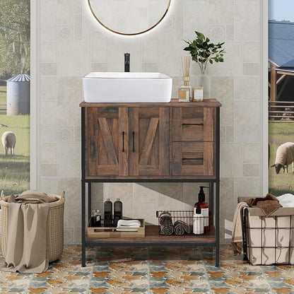 YOURLITE Bathroom Vanity, 30" Rustic Brown Bathroom Vanity with Sink Combo Set, Farmhouse Modern Wood Cabinet with White Ceramic Vessel Sink