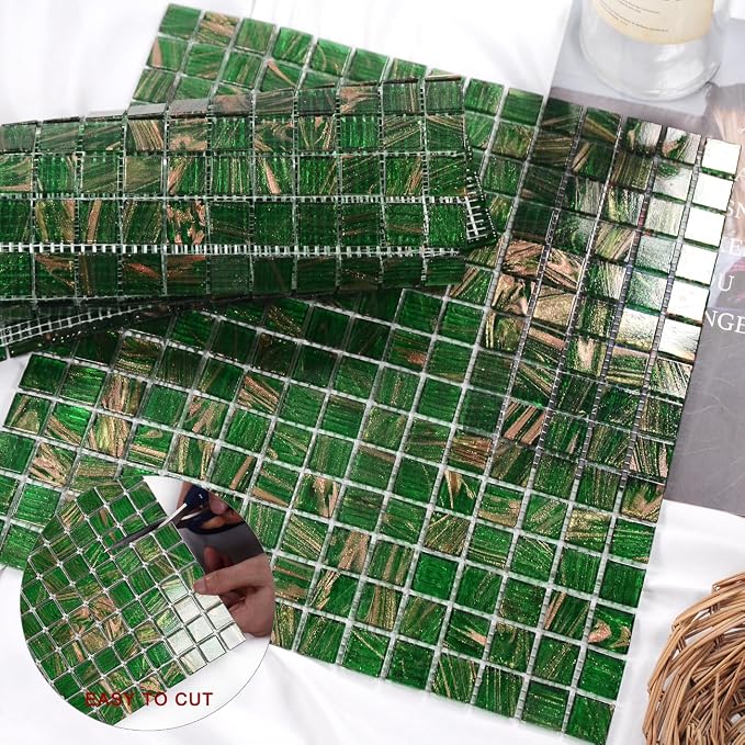 11.5 sq.ft Green Glass Mosaic Tile for Bathroom, Pool, Kitchen Backsplash | Waterproof Wall & Floor Tile. Heat & frost resistant outdoors. Mesh-mounted easy install. Use any grout. Easy clean. 10pcs.