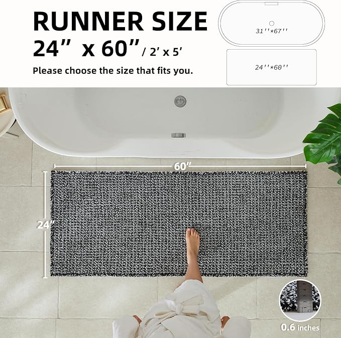 TYUU Waffle Runner Rug Bathroom, Long Boho Bath Mat, 60x24 Black & White | Super Absorbent Quick Dry Bath Rug, Non-Slip Backing, Soft Waffle Washable Farmhouse Bathroom Mats, Tub, Shower & Home Decor