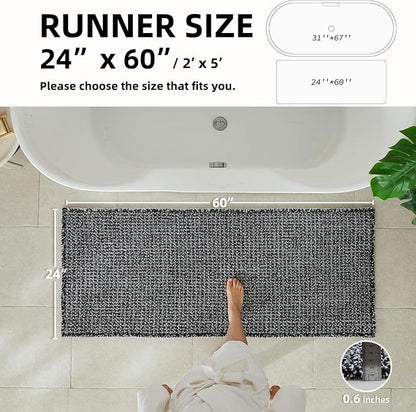 TYUU Waffle Runner Rug Bathroom, Long Boho Bath Mat, 60x24 Black & White | Super Absorbent Quick Dry Bath Rug, Non-Slip Backing, Soft Waffle Washable Farmhouse Bathroom Mats, Tub, Shower & Home Decor