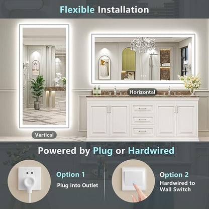 96x36 Inch Brushed Nickel LED Bathroom Mirror, Backlit & Front Lit | Silver Framed Anti-Fog Lighted Vanity Mirror with Lights, 3 Color Dimmable, Memory, HD Tempered Glass, CRI95, IP54, UL Listed
