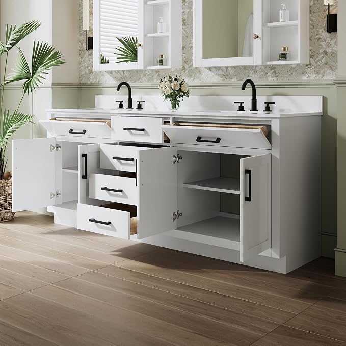 80-Inch Bathroom Vanity with Double Sinks W/ 4 Doors & 4 Drawers & 2 Flip Drawers, White Vanity W/Matte Black Handles