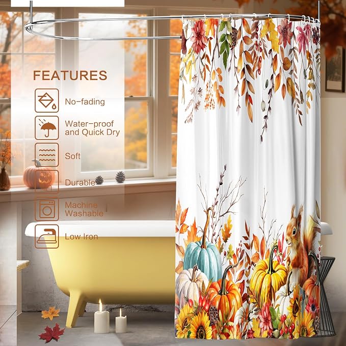 Fall Shower Curtain Harvest Pumpkin Squirrel Thanksgiving Shower Curtain Autumn Maple Leaves Sunflowers shower curtains for Bathroom Waterproof Machine Washable Home Farmhouse Decor Bath Curtains