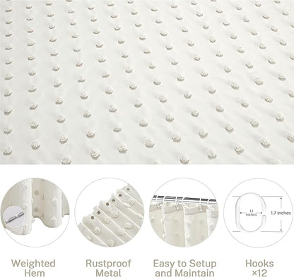 Boho Farmhouse Ivory Shower Curtain Woven Fabric Cream Shower Curtain, 72 x 72 Tufted Pleat Floral Puffs Textured Modern Farmhouse Minimalist Ivory Shower Curtain Set with Hooks for Bathroom