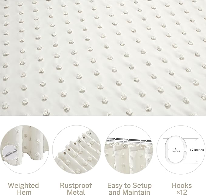 Extra Long Boho Cream Shower Curtain Woven Fabric Ivory Shower Curtain, 72 x 96 Tufted Pleat Floral Puffs Textured Modern Farmhouse Minimalist Ivory Shower Curtain Set with Hooks for Bathroom