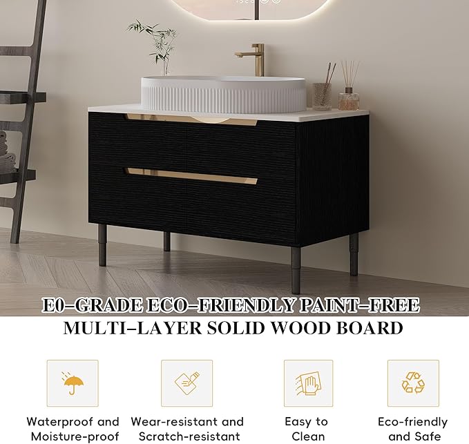 36 inch Bathroom Vanity with Sink and Countertop, Modern Freestanding Bathroom Vanity Cabinet with Oval Ceramic Vessel Sink, 4 Soft Closing Drawers, Adjustable Metal Legs, 2-in-1 Installation, Black