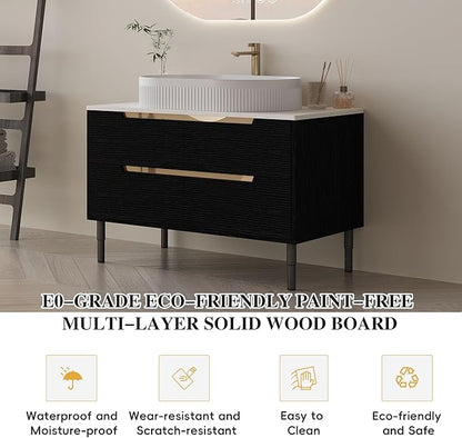 36" Modern Bathroom Vanity with Above Oval Sink, 2-in-1 Wall Mounted & Free-Standing Bathroom Vanity Cabinet with Sintered Stone Top & 4 Drawers, Black Wood Single Sink Bathroom Vanities