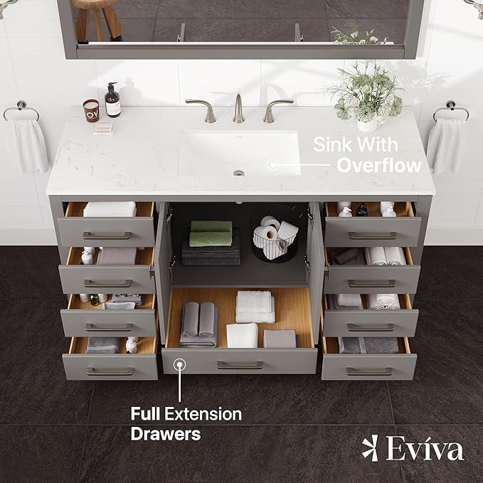 Eviva Aberdeen 60 in. Gray Single Sink Bath Vanity with Carrara Quartz Top and Undermount Porcelain Sink