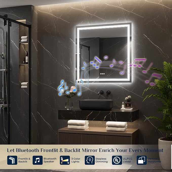 Keonjinn 36" x 36" Lighted Mirrors for Bathroom Wall, Frontlit & Backlit | Bluetooth Speaker, LED Mirror for Bathroom, HD Tempered Glass, Stepless Dimmable 3-Color Lights, Fast & Safe Defog CRI90+