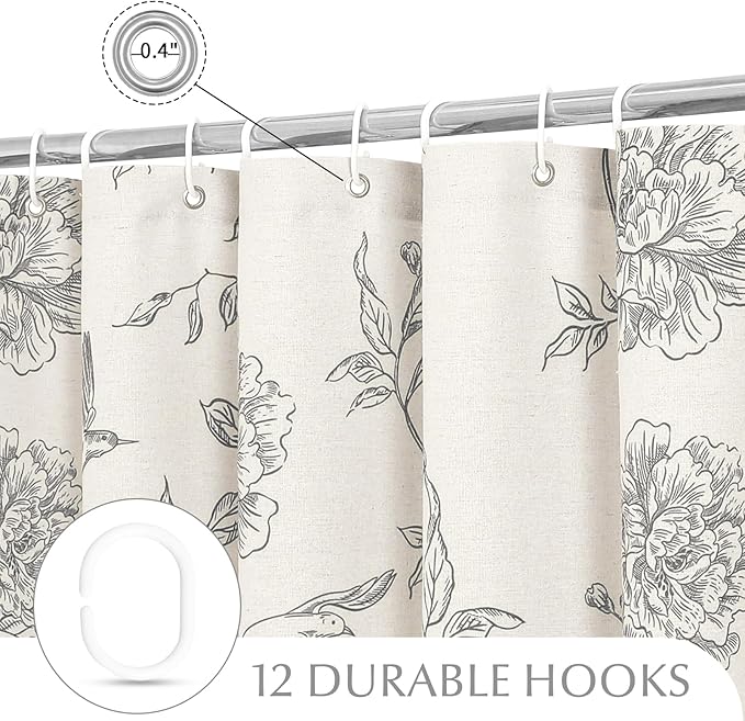 MitoVilla Grey Farmhouse Shower Curtain Set, Cotton Floral Hummingbird Cottagecore Spring Shower Curtains for Bathroom, Modern Country Bathroom Décor, 72" W x 72" L
