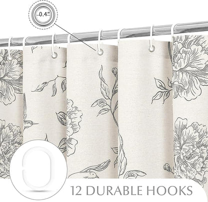 MitoVilla Grey Farmhouse Shower Curtain Set, Cotton Floral Hummingbird Cottagecore Spring Shower Curtains for Bathroom, Modern Country Bathroom Décor, 72" W x 72" L