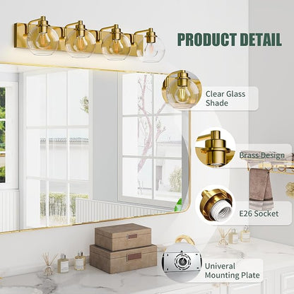 4 Light Bathroom Light Fixtures-Brushed Gold Bathroom Vanity Lights, Modern Vanity Lights 4-Light Bathroom Lighting Fixtures Over Mirror with Clear Glass Globe Shade