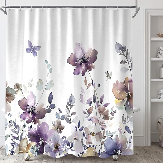 Sanzugh Purple Floral Shower Curtain, Cute Boho Watercolor Flower Wildflower Leaves Butterfly White Fabric Shower Curtains Set for Bathroom Decorative with Hooks 72 X 78 inch Spring Bath Decor