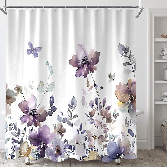 Sanzugh Purple Floral Shower Curtain, Cute Boho Watercolor Flower Wildflower Leaves Butterfly White Fabric Shower Curtains Set for Bathroom Decorative with Hooks 72 X 78 inch Spring Bath Decor