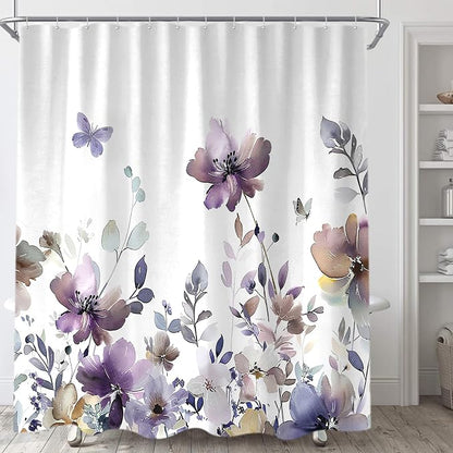 Sanzugh Purple Floral Shower Curtain, Cute Boho Watercolor Flower Wildflower Leaves Butterfly White Fabric Shower Curtains Set for Bathroom Decorative with Hooks 72 X 78 inch Spring Bath Decor