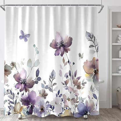 Sanzugh Purple Floral Shower Curtain, Cute Boho Watercolor Flower Wildflower Leaves Butterfly White Fabric Shower Curtains Set for Bathroom Decorative with Hooks 60 X 72 inch Spring Bath Decor