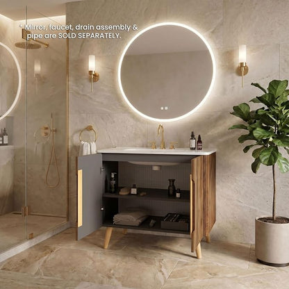 36" Modern Bathroom Vanity with Sink, Mid Century Modern Walnut Bathroom Cabinet with Carrara Marble Finish Sink, Doors, Large Storage with Adjustable Shelf